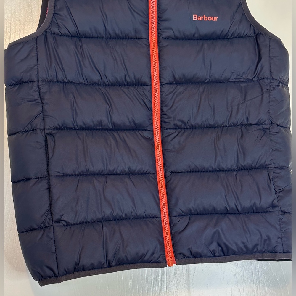 Barbour Boys Navy and Orange Quilted Vest with Stand-Up Collar Size XL - Picture 3 of 7